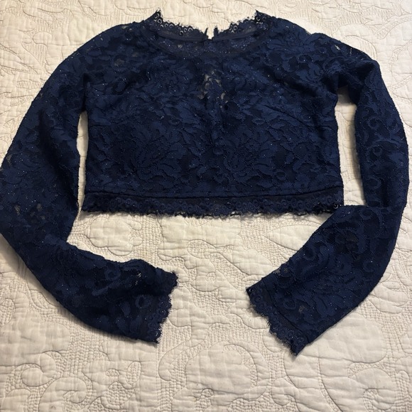 Sequin Hearts Tops - Sequin Heart Junior Miss Lace Crop Top 3 Built In Bra Blue Sleeves Fairy Rave